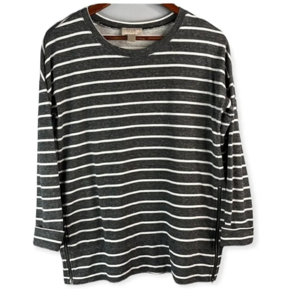 LOFT Factory Side Zip Top Grey Striped Crewneck Long Sleeve Baggy Size S - Picture 2 of 10